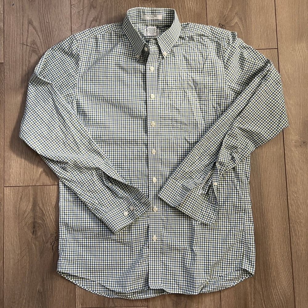 LL Bean Mens Medium Tall Green Blue Checkered Button Down 100% Cotton Slim Fit